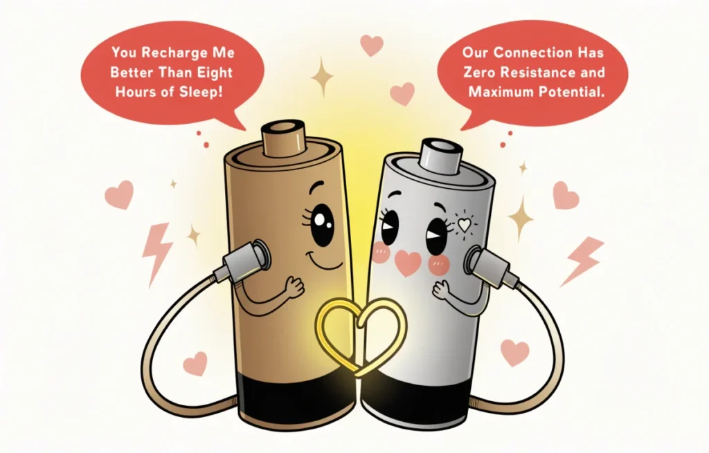 Two cute cartoon battery characters in a romantic scene with charging cable connecting them and sweet battery love pun speech bubbles floating above