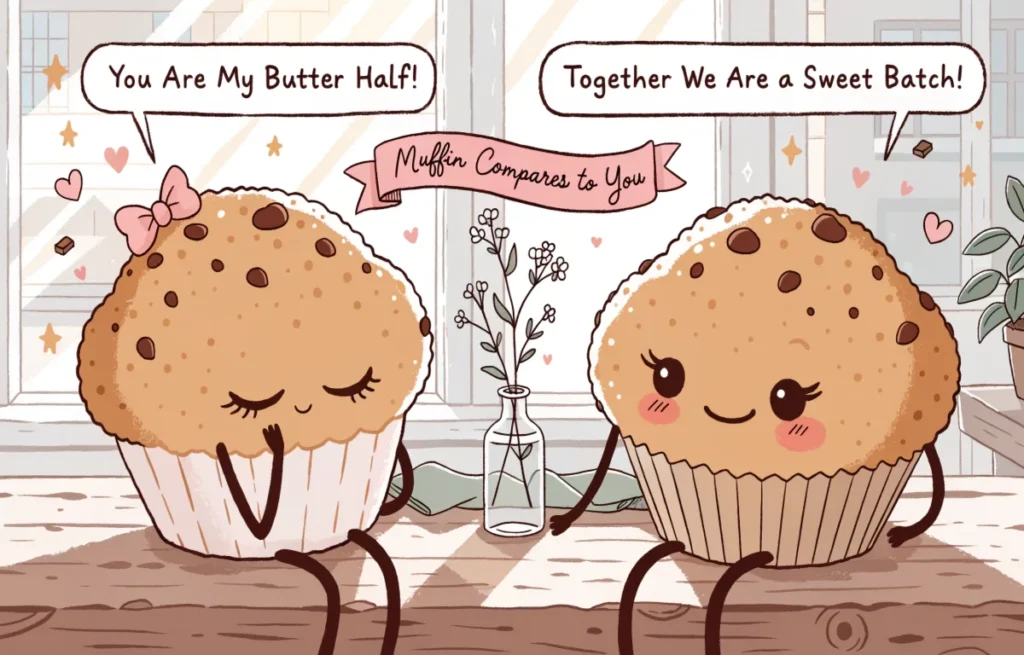Two cute cartoon muffins in a romantic scene with hearts floating between them and sweet muffin love pun captions in speech bubbles
