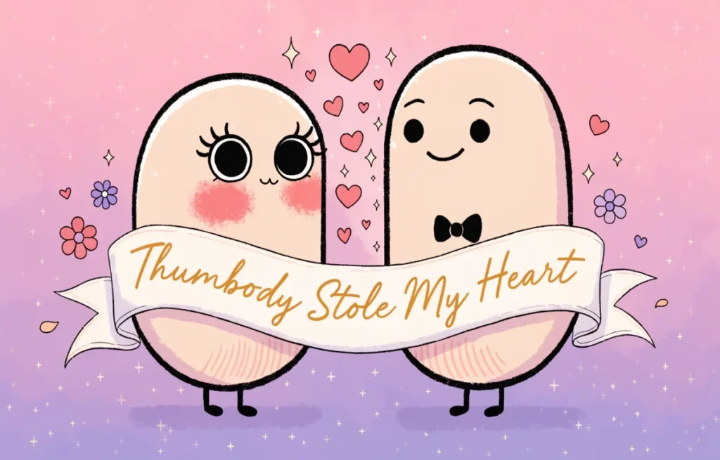 Two cute cartoon thumbs facing each other with hearts floating between them and romantic thumb pun captions in soft speech bubbles