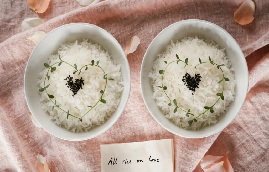 Two matching rice bowls with heart-shaped garnish side by side on a romantic table setting representing rice puns about love
