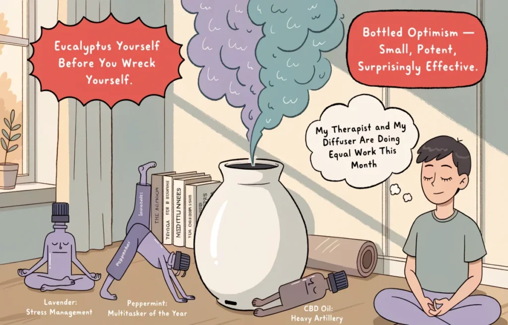 Wellness scene with essential oil diffuser and cartoon oil bottles in yoga poses with funny essential oil pun speech bubbles and calm atmosphere